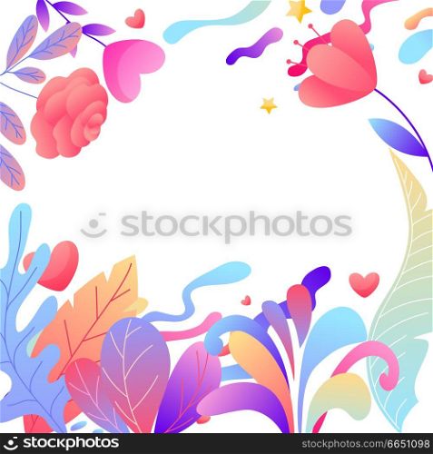 Valentine Day greeting card. Background with romantic flowers and hearts. Beautiful decorative plants.. Valentine Day greeting card.