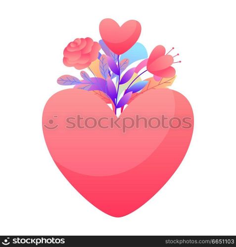Valentine Day greeting card. Heart with romantic flowers and hearts. Beautiful decorative plants.. Valentine Day greeting card.