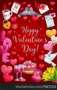 Valentine day heart balloons, golden key and love lock with sparling stars. Vector Happy Valentine day calligraphy greeting in tulip flowers, birds with love message and 14 February holiday calendar. Happy Valentine day calligraphy, heart balloons