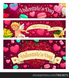 Valentine day hearts and roses flowers, 14 February love holiday wishes and greetings. Happy Valentine Day vector banners, Cupid angel, heart balloons and pink marshmallows, candies and macaron cookie. Valentine day heart balloons, flowers and candies