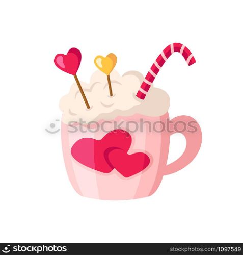 Valentine Day hot drink in cup, cute cartoon pink mug with beverage - coffee or cocoa and sweet candy cane, romantic cozy mood, isolated objects on white, illustration for card, print - vector. Valentine Day card - cartoon