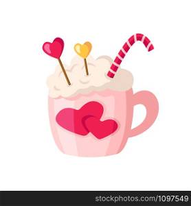 Valentine Day hot drink in cup, cute cartoon pink mug with beverage - coffee or cocoa and sweet candy cane, romantic cozy mood, isolated objects on white, illustration for card, print - vector. Valentine Day card - cartoon