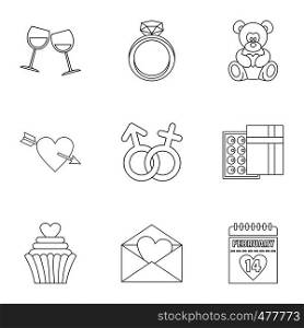 Valentine day icons set. Outline set of 9 valentine day vector icons for web isolated on white background. Valentine day icons set, outline style