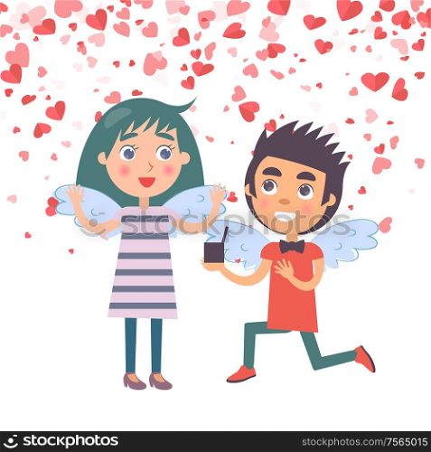 Valentine day, man kneels down with proposal marriage to woman with wings. Postcard decorated by red hearts, angels meeting, couple romantic day vector. Valentine Boy Proposal Marriage to Woman Vector
