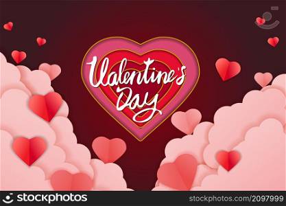 Valentine day papercut craft design banner, red pink hearts and clouds. Template background for greeting card, invitation, vector illustration isolated. Valentine day papercut craft design banner, red pink hearts and clouds. Template background for greeting card, invitation, vector