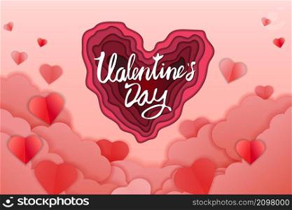 Valentine day papercut craft design banner, red pink hearts and clouds. Template background for greeting card, invitation, vector illustration isolated. Valentine day papercut craft design banner, red pink hearts and clouds. Template background for greeting card, invitation, vector