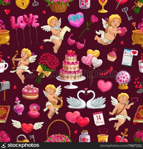 Valentine day pattern of love hearts, cupid angels with balloons and roses flowers. Vector seamless background of wedding ring and cake, love potion in pot with heart lock and key pattern. Valentine day love hearts, cupids seamless pattern