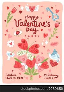 Valentine day poster. Festive party banner with romantic love elements. Hand drawn hearts, flower bouquet and kiss, february winter holiday, pink background and text, vector cartoon isolated concept. Valentine day poster. Festive party banner with romantic love elements. Hand drawn hearts, flower bouquet and kiss, february winter holiday, pink background, vector cartoon isolated concept