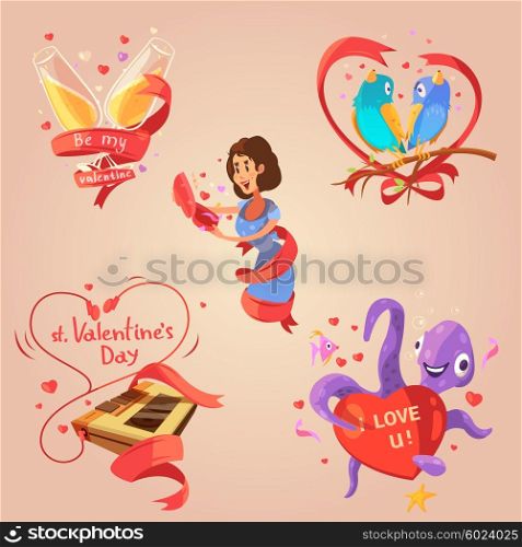 Valentine day retro cartoon set. Valentine day retro cartoon set with love congratulations labels isolated vector illustration