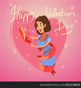 Valentine day retro cartoon. Valentine day retro cartoon card with happy firl opening the gift box vector illustration