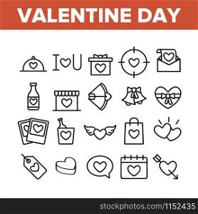 Valentine Day Romantic Collection Icons Set Vector Thin Line. Heart With Wings And On Calendar, Love Letter And Bottle Valentine Day Concept Linear Pictograms. Monochrome Contour Illustrations. Valentine Day Romantic Collection Icons Set Vector