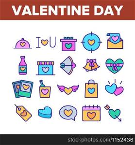 Valentine Day Romantic Collection Icons Set Vector Thin Line. Heart With Wings And On Calendar, Love Letter And Bottle Valentine Day Concept Linear Pictograms. Color Contour Illustrations. Valentine Day Romantic Collection Icons Set Vector