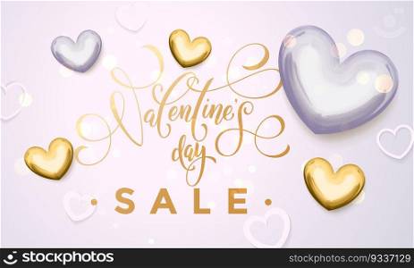 Valentine Day sale golden hearts and gold luxury calligraphy text on for premium white shop or store promo banner or poster. Valentine day sale gold heart glitter poster