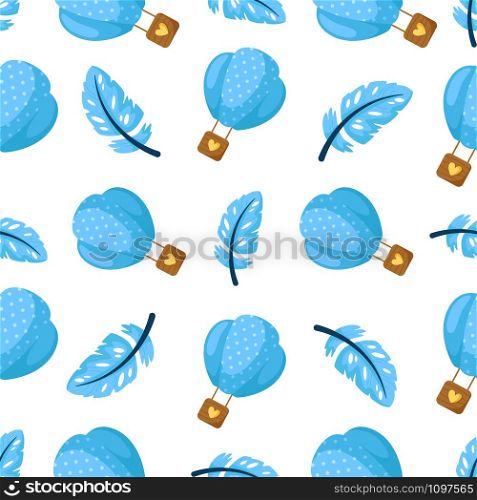 Valentine Day seamless pattern - cartoon blue feathers and hot air balloon on white, gentle lovely holiday ornament or decor - vector romantic background, endless texture for wrapping, textile, print. Valentine Day abstract seamless pattern