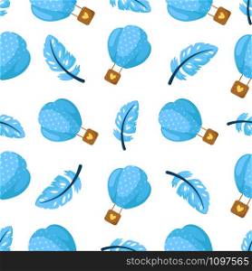 Valentine Day seamless pattern - cartoon blue feathers and hot air balloon on white, gentle lovely holiday ornament or decor - vector romantic background, endless texture for wrapping, textile, print. Valentine Day abstract seamless pattern