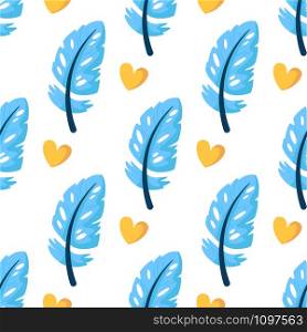 Valentine Day seamless pattern - cartoon blue feathers and yellow hearts on white, gentle lovely holiday ornament or decor - vector romantic background, endlessetexture for wrapping, textile, print. Valentine Day seamless pattern