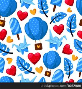 Valentine Day seamless pattern - cartoon blue hot air balloon, feather, hearts, paper origami cranes on white, gentle holiday ornament or decor - vector romantic background, texture for wrapping, textile. Cute cartoon valentines day