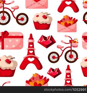 Valentine Day seamless pattern - cartoon envelope with hearts, cupcake or dessert, cute eiffel tower, pink bicycle, crystal, gift box - vector romantic background, texture for wrappingf, textile . Cute cartoon valentines day