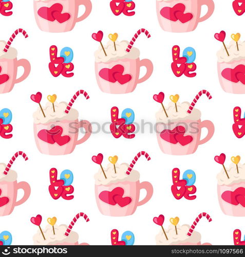 Valentine Day seamless pattern - cartoon hot beverage mug or cup - coffee, cocoa, lettering word love, little hearts, holiday romantic mood - vector background, texture for wrapping, textile. Valentine Day card - cartoon
