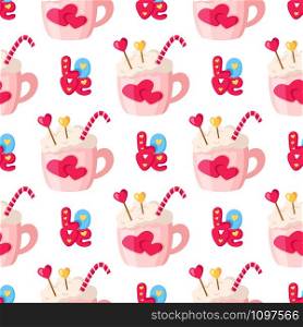 Valentine Day seamless pattern - cartoon hot beverage mug or cup - coffee, cocoa, lettering word love, little hearts, holiday romantic mood - vector background, texture for wrapping, textile. Valentine Day card - cartoon