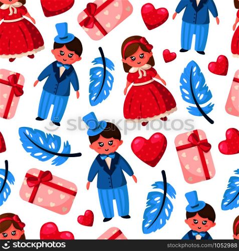 Valentine Day seamless pattern - cartoon kawaii girl and boy in retro style clothes, blue feather, pink gift box, heart - vector romantic background, texture for wrapping, textile . Cute cartoon valentines day