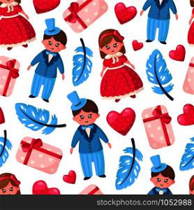 Valentine Day seamless pattern - cartoon kawaii girl and boy in retro style clothes, blue feather, pink gift box, heart - vector romantic background, texture for wrapping, textile . Cute cartoon valentines day