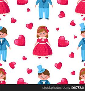 Valentine Day seamless pattern - cartoon kawaii girl and boy in retro style clothes, lovely couple, cute pink heart - vector romantic background, texture for wrapping, textile. Valentine Day seamless pattern