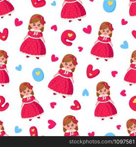 Valentine Day seamless pattern - cartoon kawaii girl in retro style pink dress, letters and word love, hearts, cute character - vector romantic background, texture for wrapping, textile. Valentine Day seamless pattern