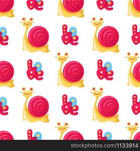 Valentine Day seamless pattern - cartoon kawaii snail, cute letters and word love, happy lovely character - vector romantic background, endless texture for wrapping, textile, rhythmic ornament. Valentine Day seamless pattern