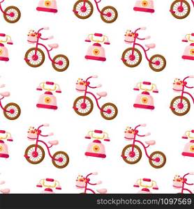 Valentine Day seamless pattern - cartoon pink bicycle with basket filled with small hearts, retro phone, holiday romantic mood, vector background, texture for wrapping, textile, fabric print. Valentine Day seamless pattern