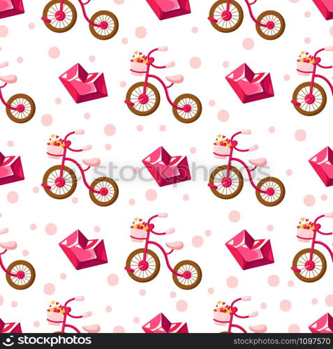 Valentine Day seamless pattern - cartoon pink bicycle with basket filled with small hearts, crystal glass heart, holiday romantic mood, vector background, texture for wrapping, textile, fabric print. Valentine Day card - cartoon