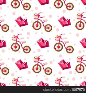 Valentine Day seamless pattern - cartoon pink bicycle with basket filled with small hearts, crystal glass heart, holiday romantic mood, vector background, texture for wrapping, textile, fabric print. Valentine Day card - cartoon