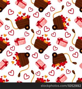 Valentine Day seamless pattern - cartoon pink gift box with bow, little hearts, wooden cart or wheelbarrow, holiday romantic mood, vector background or texture for wrapping, textile. Cute cartoon valentines day