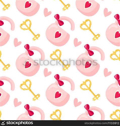 Valentine Day seamless pattern - cartoon pink lock with bow, golden key and heart, holiday romantic mood, vector background, texture for wrapping, textile, fabric print. Valentine Day seamless pattern