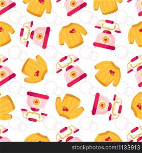 Valentine Day seamless pattern - cartoon yellow knitted sweater and retro phone, circles, rings on white background, holiday romantic mood, vector texture for wrapping, textile, fabric print. Valentine Day seamless pattern