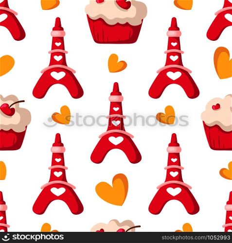 Valentine Day seamless pattern - cute stylized eiffel tower, sweet cupcakes or dessert, yellow hearts, romantic holiday mood, vector background, endless texture for wrapping, textile, fabric print. Cute cartoon valentines day