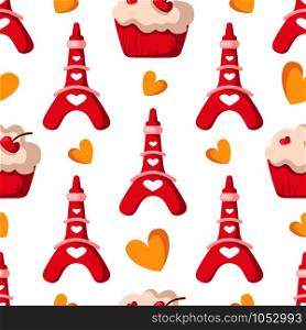Valentine Day seamless pattern - cute stylized eiffel tower, sweet cupcakes or dessert, yellow hearts, romantic holiday mood, vector background, endless texture for wrapping, textile, fabric print. Cute cartoon valentines day
