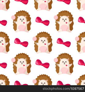 Valentine Day seamless pattern - little hedgehog with pink bow, forest animal, cute cartoon character - vector romantic background, endless texture for wrapping, textile, print . Cute cartoon valentines day