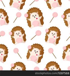 Valentine Day seamless pattern - little hedgehog with pink lollipop or candy, forest animal, cute cartoon character - vector romantic background, endless texture for wrapping, textile, print . Cute cartoon valentines day