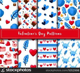 Valentine Day seamless pattern set - cartoon air balloon, paper crane, feather, gift box, lock, lettering love, hearts, retro phone, abstract texture, romantic vector background for wrapping, textile. Cute cartoon valentines day