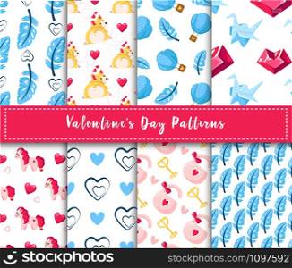 Valentine Day seamless pattern set - cartoon kawaii corgi puppy, pink unicorn, blue feathers, crystal glass heart, air balloon, paper origami crane, romantic vector background for wrapping, textile. Valentine Day seamless pattern