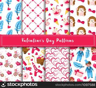 Valentine Day seamless pattern set - cartoon kawaii girl and boy in retro suit, hedgehog, pink ice cream, hot cocoa cup, abstract texture with hearts, romantic vector background for wrapping, textile. Valentine Day seamless