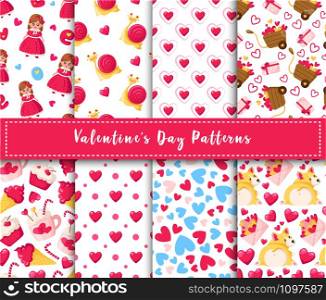 Valentine Day seamless pattern set - cartoon kawaii girl in retro dress, welsh corgi puppy, pink cute snail, ice cream, hot cocoa cup, and abstract texture with hearts, romantic vector background for wrapping, textile. Cute cartoon valentines day