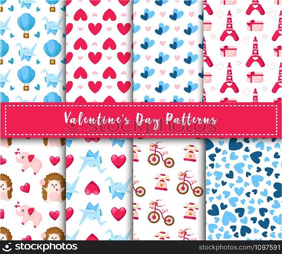 Valentine Day seamless pattern set - cartoon kawaii hedgehog, cute elephant, paper crane, hot air balloon, eiffel tower, retro phone, abstract hearts, romantic vector background for wrapping, textile. Valentine Day abstract seamless pattern