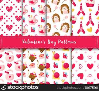 Valentine Day seamless pattern set - cartoon kawaii hedgehog, cute snail, sweet cake, lock, lettering, eiffel tower, hot cocoa cup, abstract hearts, romantic vector background for wrapping, textile. Valentine Day seamless pattern