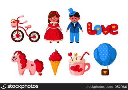 Valentine Day set, cartoon kawaii girl and boy in retro clothes, cute animal - pink unicorn, romantic stuff - ice cream, hot air balloon, cocoa cup, tettering love, bicycle, hearts - isolated vector on white . Cute cartoon valentines day