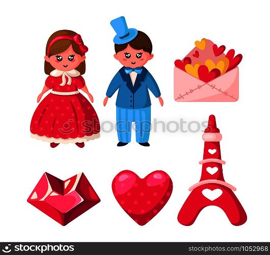 Valentine Day set, cartoon kawaii girl and boy in retro clothes, cute romantic stuff - crystal heart, envelope with hearts, tiffel tower. Pink and blue colors, isolated vector elements on white . Cute cartoon valentines day