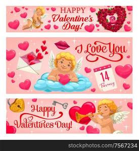 Valentine day vector banners with hearts, diamond ring in pink gift box and roses flowers. Happy Valentine Day, 14 February love holiday calendar, Cupid angel with kiss lips, harp, key and lock. Valentine day Cupid angel with hearts and flowers
