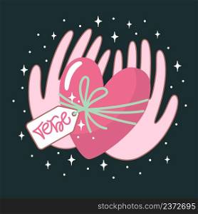 Valentine day vector illustration with lettering. Creative greeting card with hand-drawn heart and hands. Elegant design for banners, posters, invitations. Russian translation For you.
