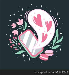 Valentine day vector illustration with lettering on a dark background. Creative greeting card with hand-drawn hearts and decorative elements. Elegant design for banners, posters, invitations.